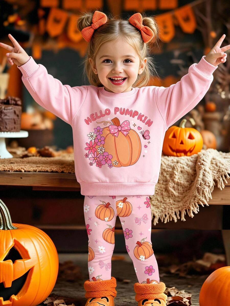 Baby Girl Casual Minimalist Loose Crew Neck Sweatshirt And Elastic Waist Pants Set, Suitable For Autumn/Winter - Multicolor - View 1