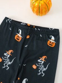 SHEIN 男童修身恐龍印花休閒簡約舒適長袖圓領居家褲裝 - 橘色 - 查看 4