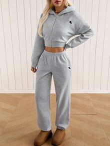 SHEIN EZwear 女款騎士圖案拉鍊連帽衛衣與運動長褲休閒日常兩件套，灰色，適合健身運動、秋季日常穿著 - 淺灰色 - 查看 4