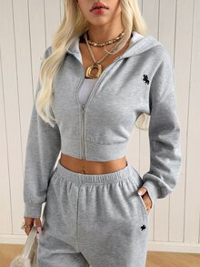 SHEIN EZwear 女款騎士圖案拉鍊連帽衛衣與運動長褲休閒日常兩件套，灰色，適合健身運動、秋季日常穿著 - 淺灰色 - 查看 5