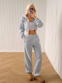 SHEIN EZwear 女款騎士圖案拉鍊連帽衛衣與運動長褲休閒日常兩件套，灰色，適合健身運動、秋季日常穿著 - 淺灰色 - 查看 6