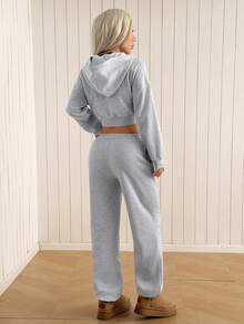 SHEIN EZwear 女款騎士圖案拉鍊連帽衛衣與運動長褲休閒日常兩件套，灰色，適合健身運動、秋季日常穿著 - 淺灰色 - 查看 2