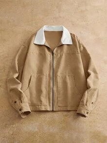 HIMLAND Men's Casual Corduroy Collar Zip Jacket, Suitable For Everyday Wear, Spring, Outdoor, Colorblock, Contrast Trim - Multicolor - View 4