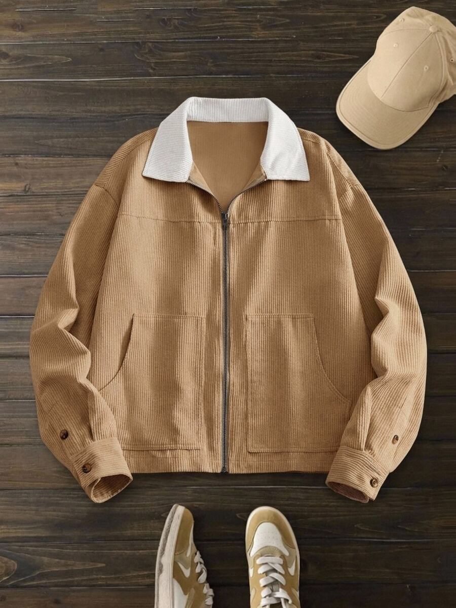 HIMLAND Men's Casual Corduroy Collar Zip Jacket, Suitable For Everyday Wear, Spring, Outdoor, Colorblock, Contrast Trim - Multicolor - View 1