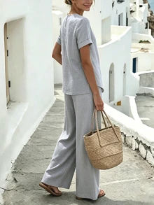 Louniche Women's Spring/Summer Casual Loose 2 Pieces Set, Featuring Side Knot Design Short Sleeve Top And Drawstring Pants, Vacation Style - Grey - View 7