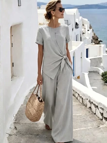 Louniche Women's Spring/Summer Casual Loose 2 Pieces Set, Featuring Side Knot Design Short Sleeve Top And Drawstring Pants, Vacation Style - Grey - View 1