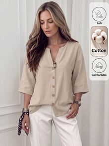 SHEIN LUNE Camisa casual de mujer de primavera/verano de mezcla de algodón con cuello en V y decoración de botones, adecuada para el hogar, salidas, Día del Maestro, oficina, vacaciones, brunch, color beige - Caqui - Ver 10