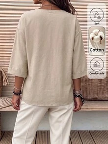 SHEIN LUNE Camisa casual de mujer de primavera/verano de mezcla de algodón con cuello en V y decoración de botones, adecuada para el hogar, salidas, Día del Maestro, oficina, vacaciones, brunch, color beige - Caqui - Ver 3