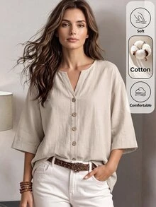SHEIN LUNE Camisa casual de mujer de primavera/verano de mezcla de algodón con cuello en V y decoración de botones, adecuada para el hogar, salidas, Día del Maestro, oficina, vacaciones, brunch, color beige - Caqui - Ver 2