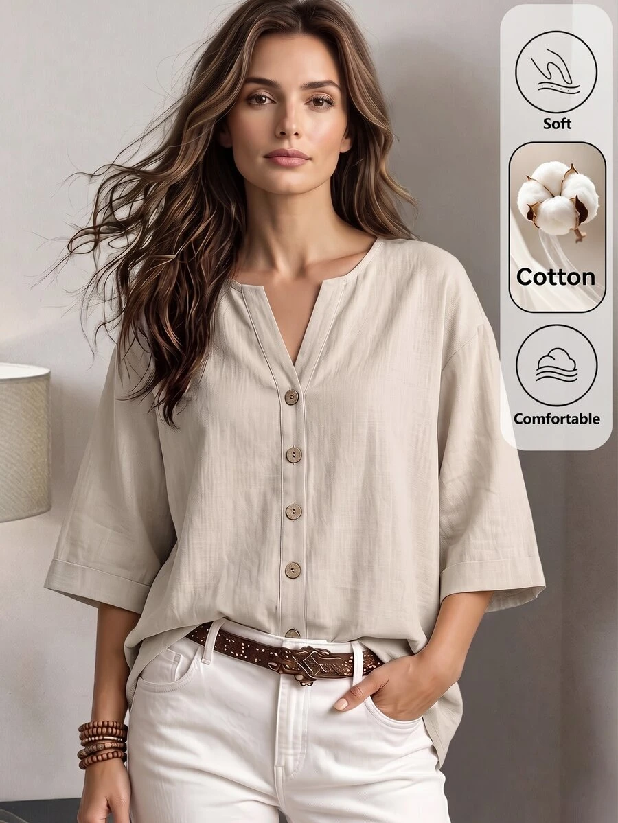 SHEIN LUNE Camisa casual de mujer de primavera/verano de mezcla de algodón con cuello en V y decoración de botones, adecuada para el hogar, salidas, Día del Maestro, oficina, vacaciones, brunch, color beige