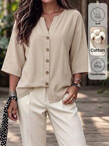 SHEIN LUNE Camisa casual de mujer de primavera/verano de mezcla de algodón con cuello en V y decoración de botones, adecuada para el hogar, salidas, Día del Maestro, oficina, vacaciones, brunch, color beige - Caqui - Ver 9