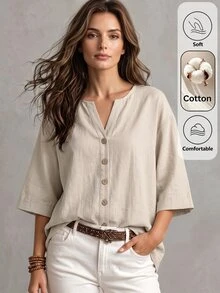 SHEIN LUNE Camisa casual de mujer de primavera/verano de mezcla de algodón con cuello en V y decoración de botones, adecuada para el hogar, salidas, Día del Maestro, oficina, vacaciones, brunch, color beige - Caqui - Ver 6