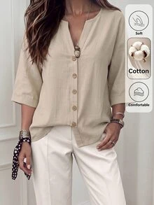SHEIN LUNE Camisa casual de mujer de primavera/verano de mezcla de algodón con cuello en V y decoración de botones, adecuada para el hogar, salidas, Día del Maestro, oficina, vacaciones, brunch, color beige - Caqui - Ver 4
