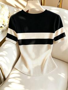 GlowEve CURVE 大尺碼女款 T-shirt 春夏新款套裝，拼色羅紋圓領短袖修身內搭衫，優雅休閒通勤辦公白色 - 彩色 - 查看 2