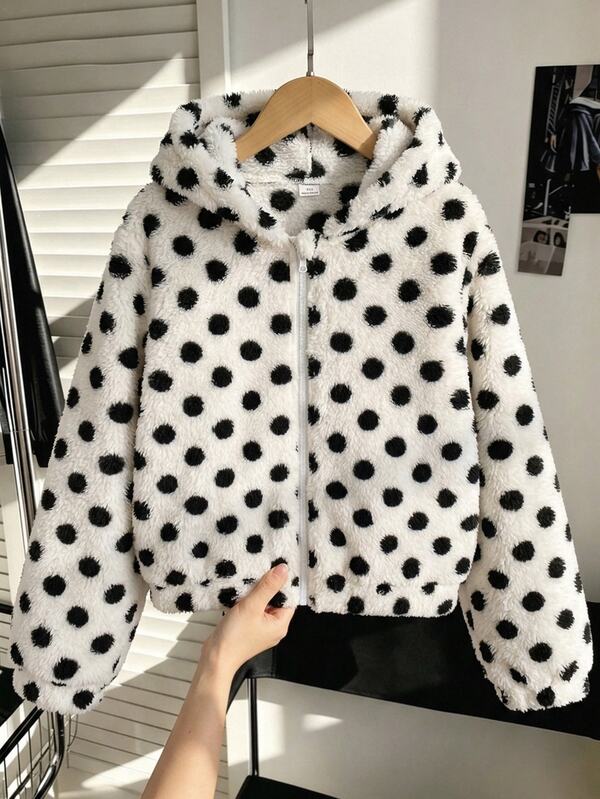 Tween Girls Vacation Casual Versatile Polka Dot Pattern Plush Hooded Zip-Up Loose Jacket, Autumn/Winter
