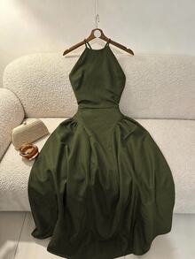 Selianne Women's Solid Color Halter Neck Cold Shoulder Cinched Waist Side Seam Ruched Backless Wrap Tie Mid-Length Coffee Brown Dress, Elegant French Vintage Formal Office Commute Business Casual Beach Vacation Afternoon Tea Street Style Minimalist Versatile Old Money Australian Home Leisure Bohemian Holiday Party Photo Shoot Spring Summer New - Army Green - View 5