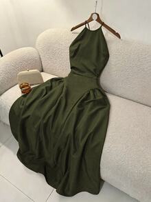 Selianne Women's Solid Color Halter Neck Cold Shoulder Cinched Waist Side Seam Ruched Backless Wrap Tie Mid-Length Coffee Brown Dress, Elegant French Vintage Formal Office Commute Business Casual Beach Vacation Afternoon Tea Street Style Minimalist Versatile Old Money Australian Home Leisure Bohemian Holiday Party Photo Shoot Spring Summer New - Army Green - View 4