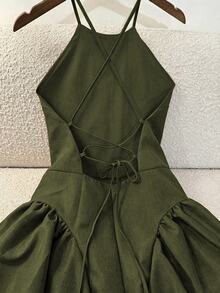 Selianne Women's Solid Color Halter Neck Cold Shoulder Cinched Waist Side Seam Ruched Backless Wrap Tie Mid-Length Coffee Brown Dress, Elegant French Vintage Formal Office Commute Business Casual Beach Vacation Afternoon Tea Street Style Minimalist Versatile Old Money Australian Home Leisure Bohemian Holiday Party Photo Shoot Spring Summer New - Army Green - View 1