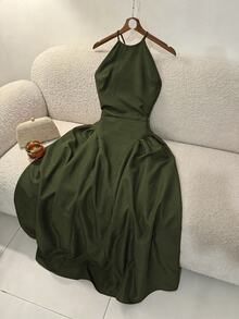 Selianne Women's Solid Color Halter Neck Cold Shoulder Cinched Waist Side Seam Ruched Backless Wrap Tie Mid-Length Coffee Brown Dress, Elegant French Vintage Formal Office Commute Business Casual Beach Vacation Afternoon Tea Street Style Minimalist Versatile Old Money Australian Home Leisure Bohemian Holiday Party Photo Shoot Spring Summer New - Army Green - View 2