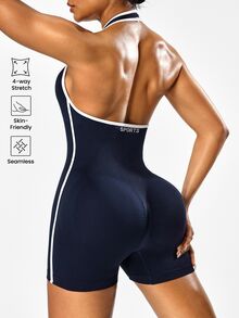 Solea Cove Solea Cove Short Knitted Navy Sports Jumpsuit With Halter Neck And Sleek Colorblock Details Tummy Control - Navy Blue - View 3