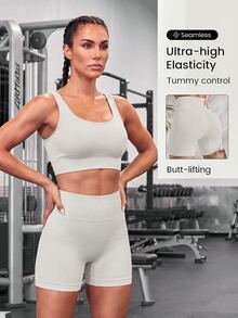 SHEIN Sports Ribbed Knit Wideband Waist Sports Set Workout Women Setwomen Workout Set Gym Women Outfit - White - View 4