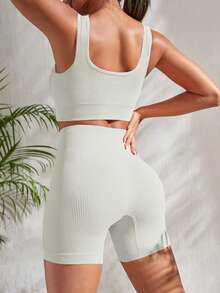 SHEIN Sports Ribbed Knit Wideband Waist Sports Set Workout Women Setwomen Workout Set Gym Women Outfit - White - View 3