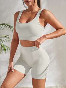 SHEIN Sports Ribbed Knit Wideband Waist Sports Set Workout Women Setwomen Workout Set Gym Women Outfit - White - View 7