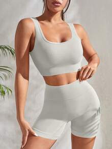 SHEIN Sports Ribbed Knit Wideband Waist Sports Set Workout Women Setwomen Workout Set Gym Women Outfit - White - View 5