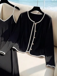 GlowEve CURVE Plus Size Women's Fashion Colorblock Spaghetti Strap Dress And Button Knit Cardigan 2 Pieces Set - Black and White - View 6