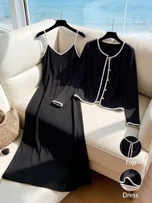 GlowEve CURVE Plus Size Women's Fashion Colorblock Spaghetti Strap Dress And Button Knit Cardigan 2 Pieces Set - Black and White - View 3