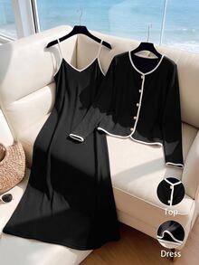 GlowEve CURVE Plus Size Women's Fashion Colorblock Spaghetti Strap Dress And Button Knit Cardigan 2 Pieces Set - Black and White - View 1
