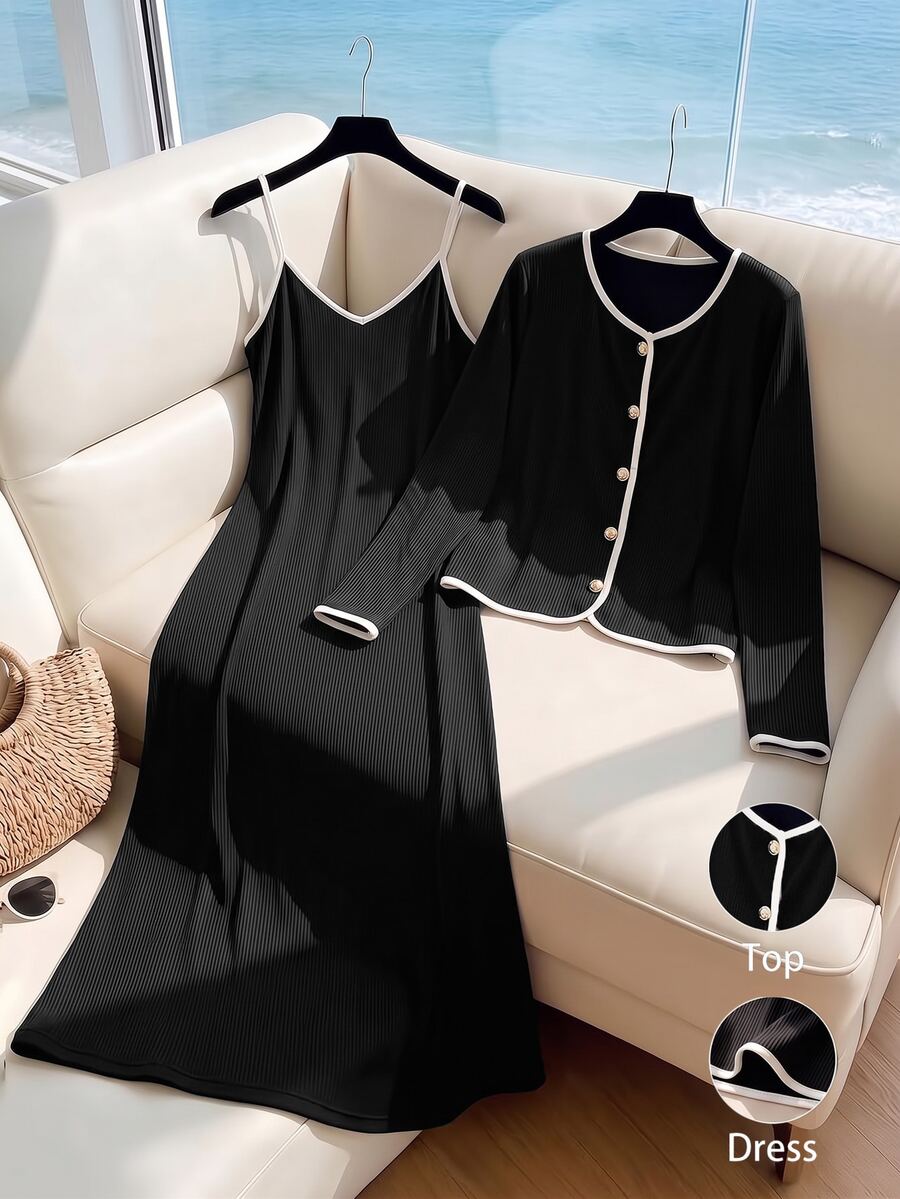GlowEve CURVE Plus Size Women's Fashion Colorblock Spaghetti Strap Dress And Button Knit Cardigan 2 Pieces Set - Black and White - View 1