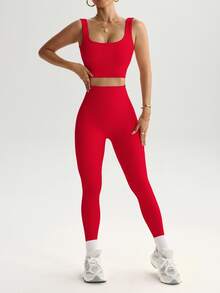 Solea Cove Solea Cove Seamless Ribbed Knit Sports Set For Chinese New Year Workout Women Set Gym Women Outfit - Red - View 8