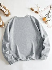 IslaSuriya Women's Letter & Pumpkin Embroidered Regular Fit Crew Neck Drop Shoulder Long Sleeve Sweatshirt - Grey - View 2