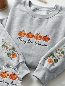 IslaSuriya Women's Letter & Pumpkin Embroidered Regular Fit Crew Neck Drop Shoulder Long Sleeve Sweatshirt - Grey - View 1