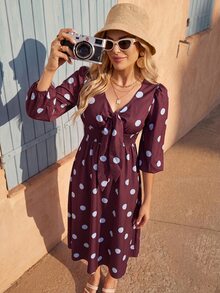 Vivid Eden Women's Deep V-Neck Mid-Sleeve Tie-Front White Polka Dot Dress Festival Work Vacation Country Vintage Tropical School Holiday Autumn Elegant Retro 80s - Brown - View 2