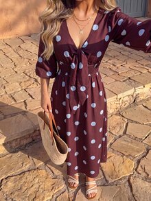 Vivid Eden Women's Deep V-Neck Mid-Sleeve Tie-Front White Polka Dot Dress Festival Work Vacation Country Vintage Tropical School Holiday Autumn Elegant Retro 80s - Brown - View 6