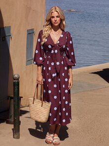 Vivid Eden Women's Deep V-Neck Mid-Sleeve Tie-Front White Polka Dot Dress Festival Work Vacation Country Vintage Tropical School Holiday Autumn Elegant Retro 80s - Brown - View 7