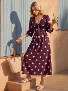 Vivid Eden Women's Deep V-Neck Mid-Sleeve Tie-Front White Polka Dot Dress Festival Work Vacation Country Vintage Tropical School Holiday Autumn Elegant Retro 80s - Brown - View 3
