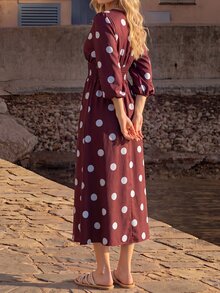 Vivid Eden Women's Deep V-Neck Mid-Sleeve Tie-Front White Polka Dot Dress Festival Work Vacation Country Vintage Tropical School Holiday Autumn Elegant Retro 80s - Brown - View 4