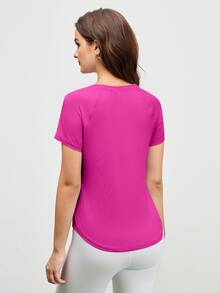 SHEIN Cheerettes 女式纯色圆领插肩袖日常健身运动T恤健身衫 - 玫紅色 - 查看 2
