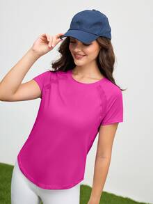 SHEIN Cheerettes 女式纯色圆领插肩袖日常健身运动T恤健身衫 - 玫紅色 - 查看 3