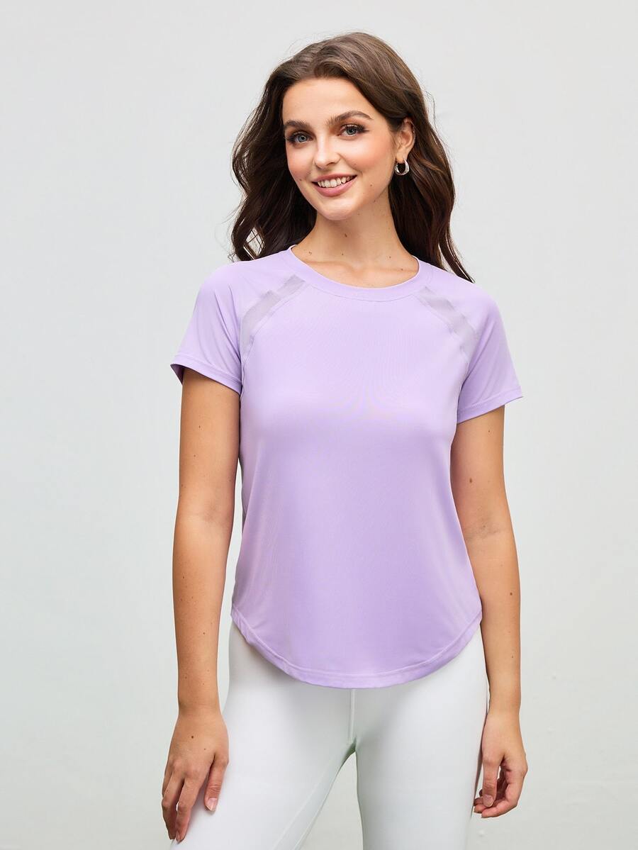 SHEIN Cheerettes 網格拼接圓領休閒短袖運動機能上衣 T-shirt,女款健身、運動與瑜伽運動服,秋冬款 - 淡紫色 - 查看 1