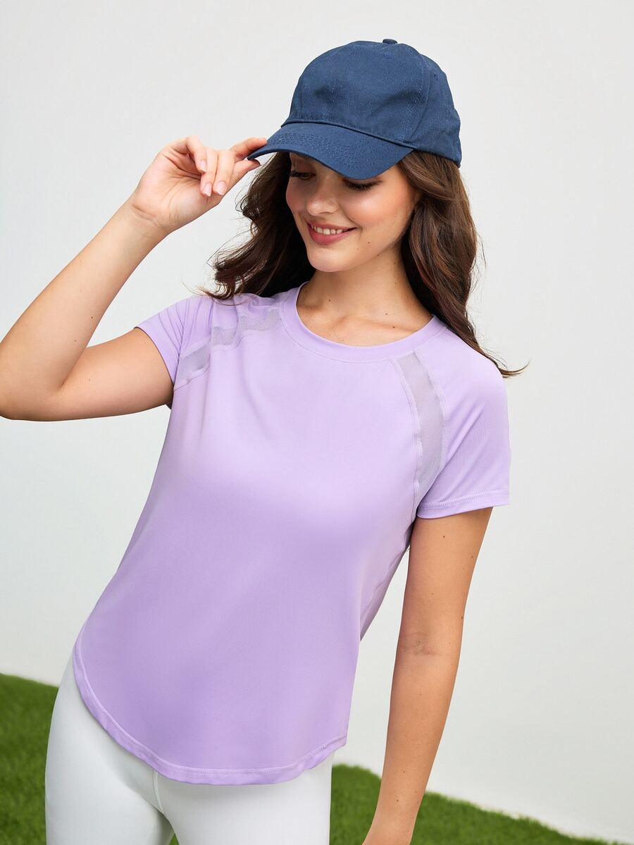 SHEIN Cheerettes 网眼拼布圆领休闲短袖运动T恤 - 淡紫色 - 查看 1