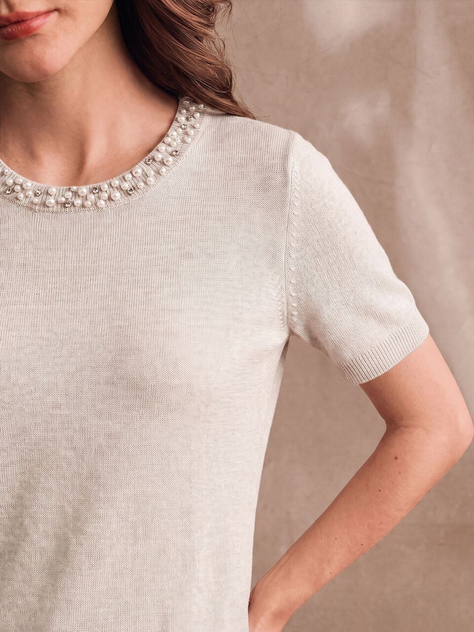 Anewsta New Year Pullover Top With Heavy Beading And Mixed Rhinestones, Versatile Knit Women's Commute And Holiday Top
