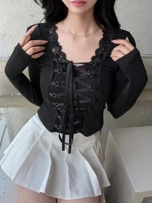 FRIFUL Women's Lace Patchwork Tie-Up Design Casual Daily T-Shirt Fall - Black - View 4