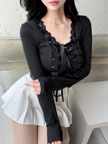 FRIFUL Women's Lace Patchwork Tie-Up Design Casual Daily T-Shirt Fall - Black - View 2