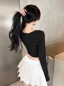 FRIFUL Women's Lace Patchwork Tie-Up Design Casual Daily T-Shirt Fall - Black - View 6