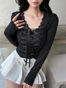 FRIFUL Women's Lace Patchwork Tie-Up Design Casual Daily T-Shirt Fall - Black - View 5