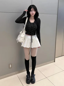 FRIFUL Women's Lace Patchwork Tie-Up Design Casual Daily T-Shirt Fall - Black - View 3